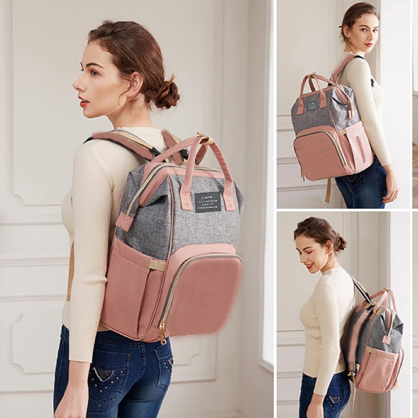 Diaper Bag with Changing Station,Diaper Bag Backpack,7 in 1 Travel Baby Diaper Bag,Mommy Bag with USB Charging Port (Pink-Grey)