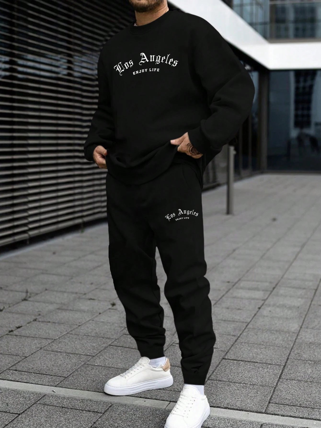 Autumn Trendy New Sweatshirt Men's Loose Casual Fit With Los Angeles Letter Printed Hundred Long Sleeve Sweatshirt Set