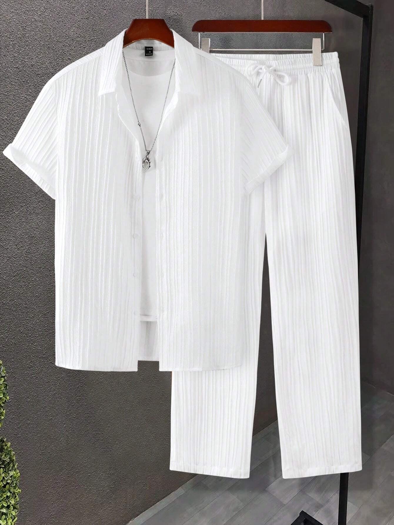 Manfinity Hypemode Men Solid Button up Shirt & Drawstring Waist Pants without Tee