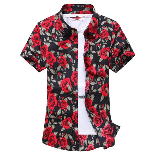 Summer White Printed Short Sleeved Shirt for Men, Hawaii Rose Flower Shirts Hawaiian Vacation Camisa Chemise Big Size S-7xl