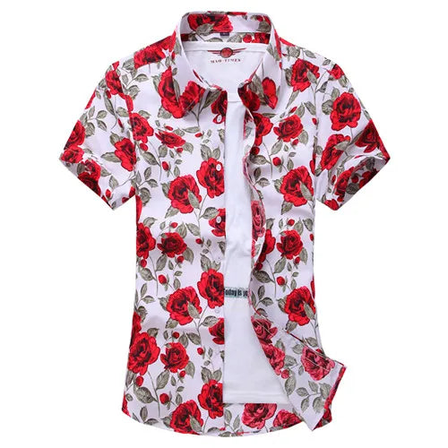 Summer White Printed Short Sleeved Shirt for Men, Hawaii Rose Flower Shirts Hawaiian Vacation Camisa Chemise Big Size S-7xl