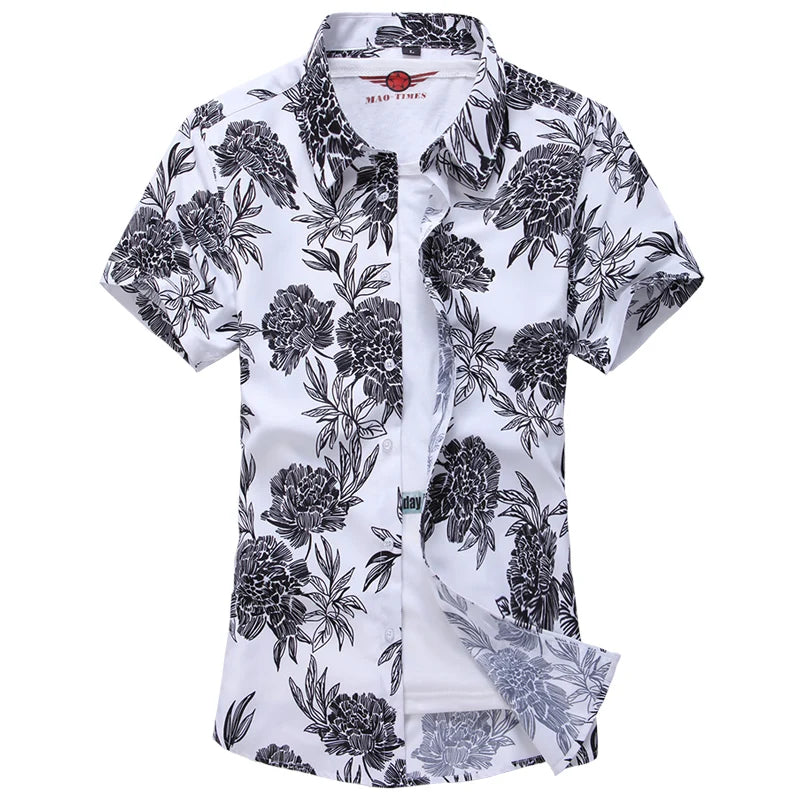 Summer White Printed Short Sleeved Shirt for Men, Hawaii Rose Flower Shirts Hawaiian Vacation Camisa Chemise Big Size S-7xl